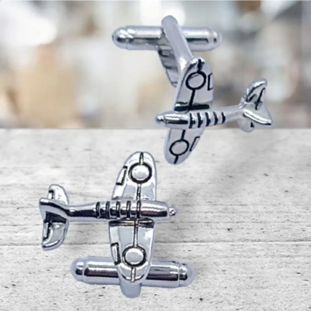 Men's Airplane Silver Cufflinks Tuxedo Formal Shaped Cuff Links Aviation Pilot